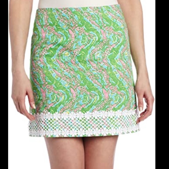 Lilly Pulitzer Dresses & Skirts - Lilly Pulitzer Chomp Chomp Gator Print Skirt Pink Green Lace size 4